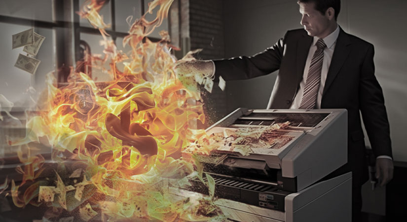 Printer with dollars on fire